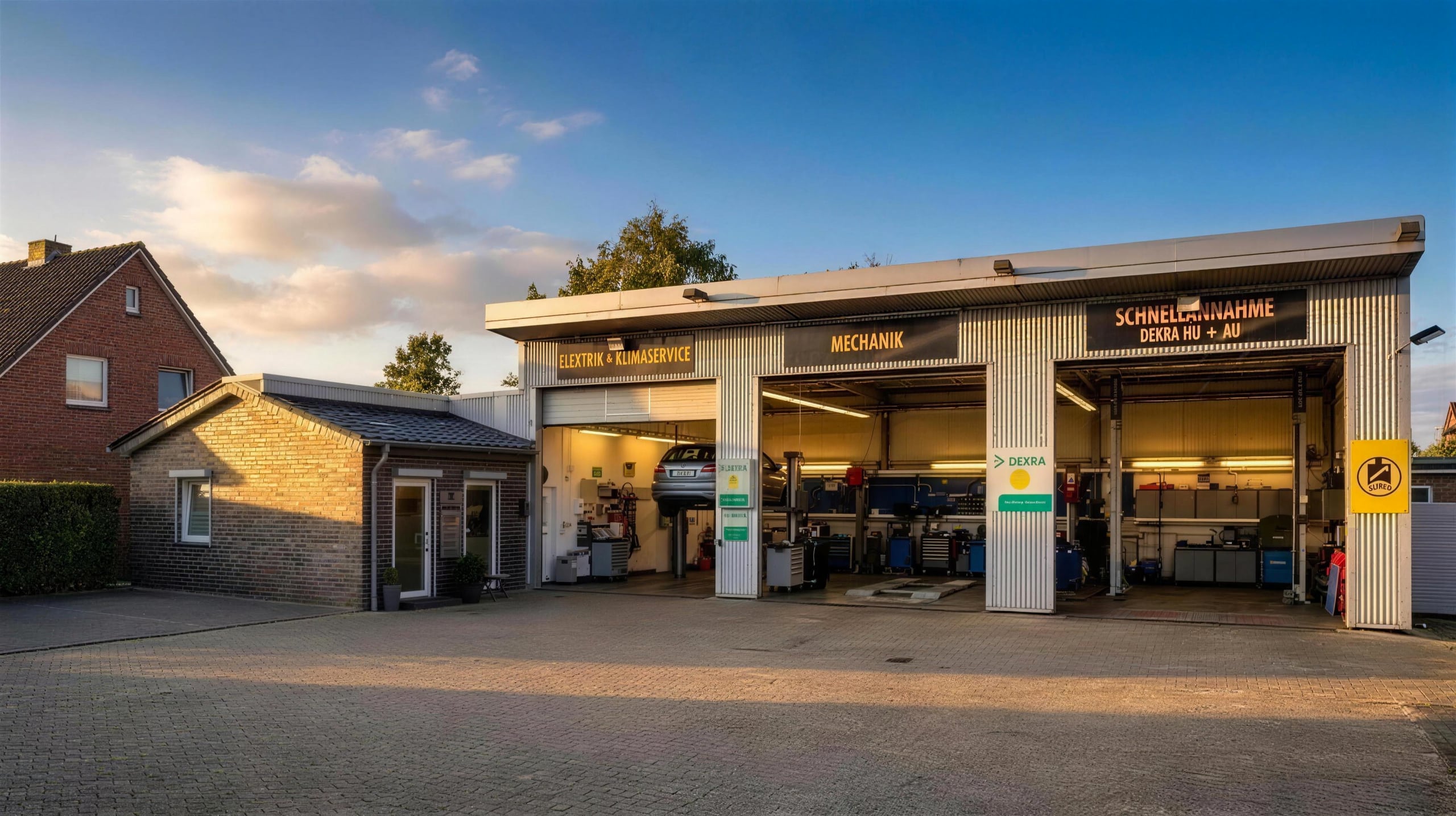 Automobile Beckmann am Arsterdamm 85 am Abend: drei beleuchtete Hallentore, beschriftet mit Elektrik und Klimaservice, Mechanik sowie Schnellannahme