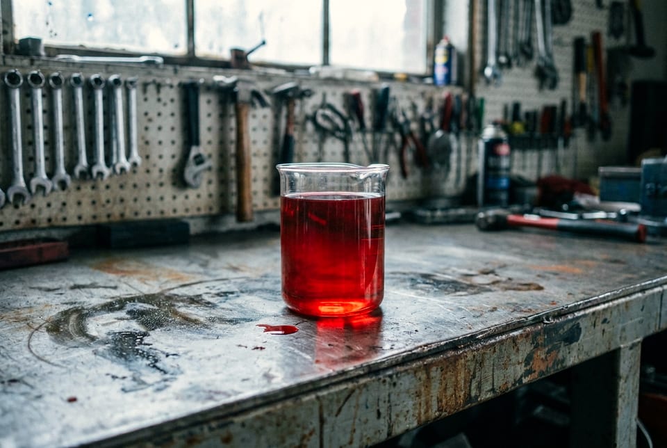 Nachher: dasselbe Becherglas mit hellrotem, klarem frischem Automatikgetriebeöl
