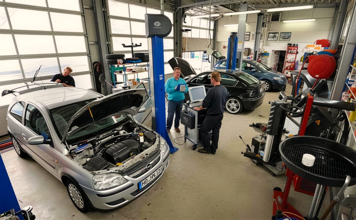 Blick in die Werkstatthalle von Automobile Beckmann: zwei Fahrzeuge auf Hebebühnen, Mitarbeiter am geöffneten Motorraum