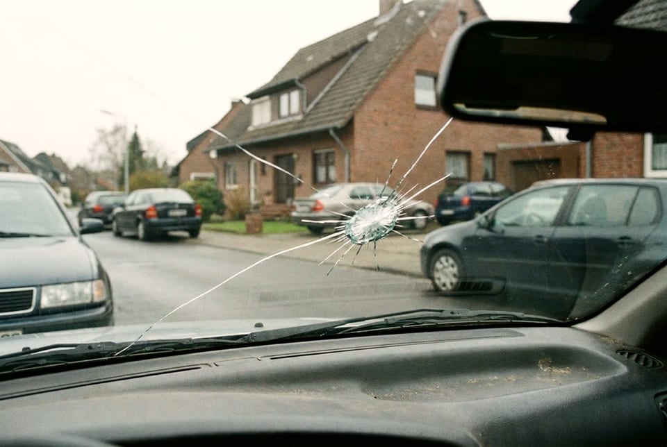 Vorher: sternförmiger Steinschlag mit langem Riss in der Windschutzscheibe, von innen gesehen